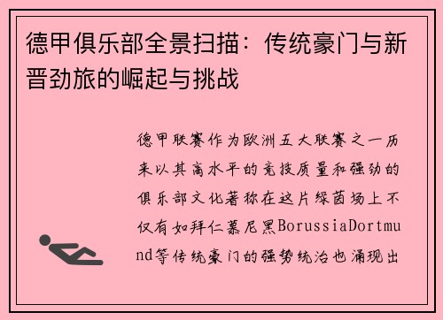 德甲俱乐部全景扫描：传统豪门与新晋劲旅的崛起与挑战