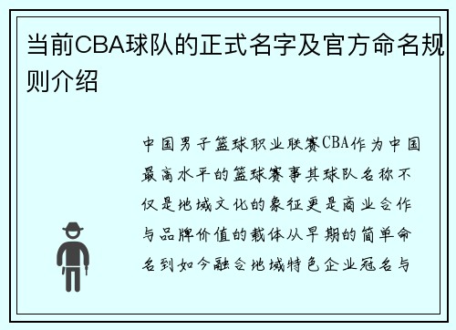 当前CBA球队的正式名字及官方命名规则介绍