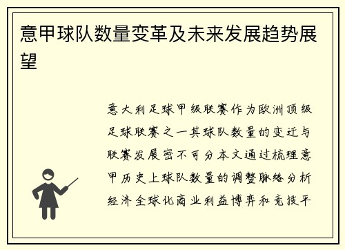 意甲球队数量变革及未来发展趋势展望