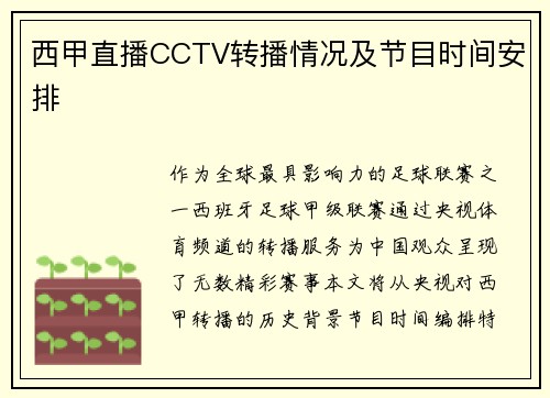 西甲直播CCTV转播情况及节目时间安排